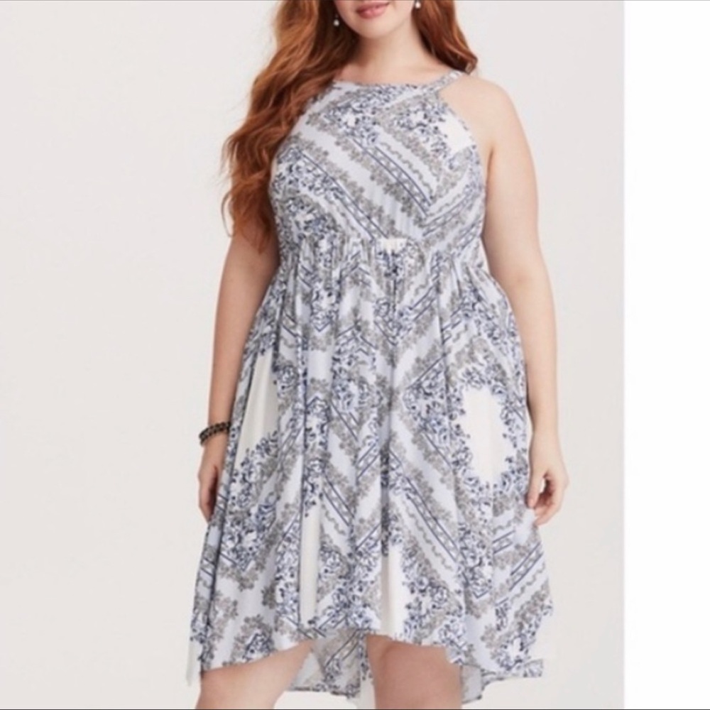 torrid blue white floral dress midi bandana high neck size3
